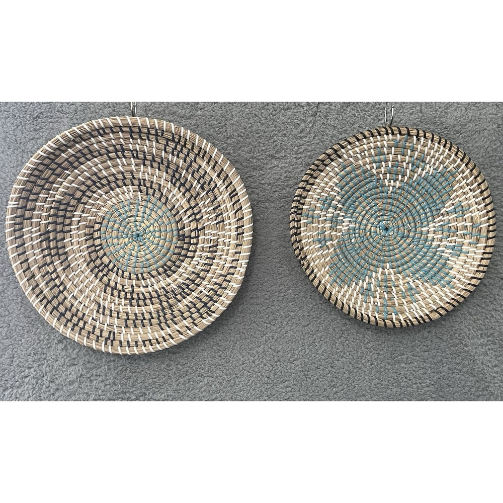 Set of 2 Woven Seagrass Wall Art Baskets Boho Decor Turquoise Blue Natural